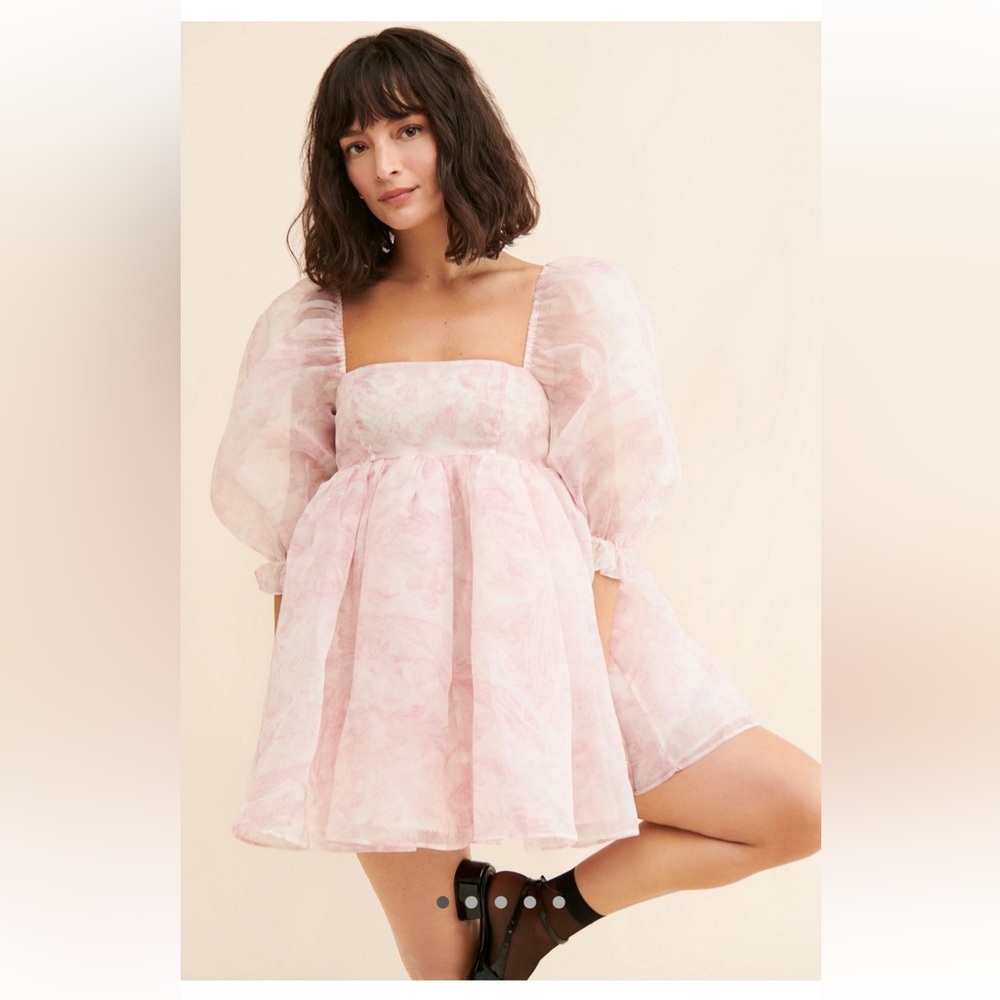 Chic Sheer Pink Puff Sleeve Dress
